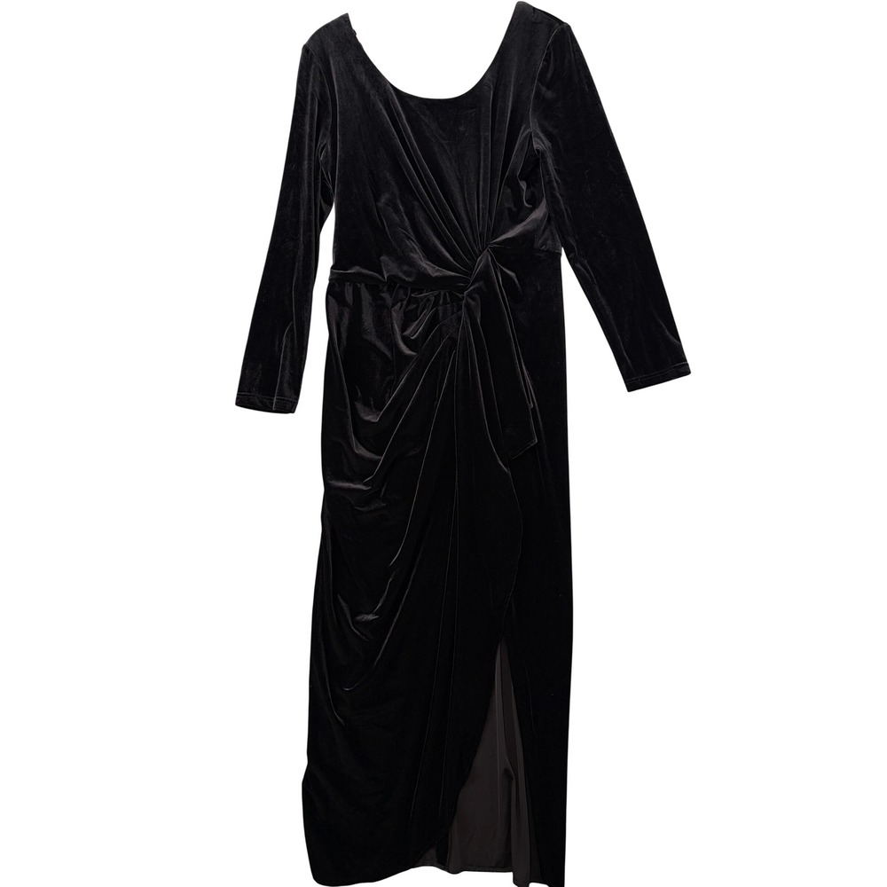 Black Velvet Twist Front Long Sleeve Maxi Dress Slit Evening Gown Large